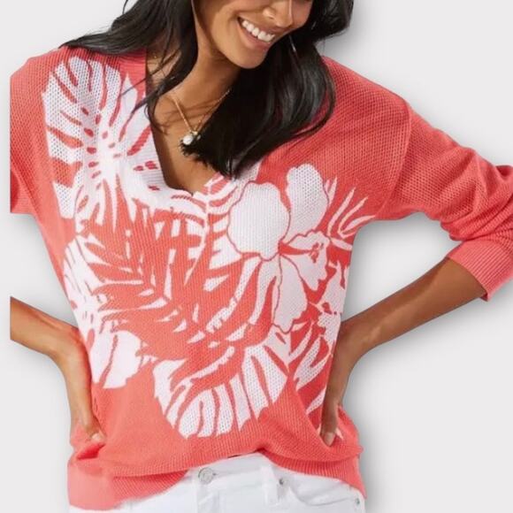 Tommy Bahama Women's Island Savannah V-Neck Sweater in Coral Hibiscus Sz XS - Picture 1 of 10